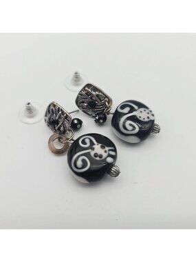 Handcrafted Black & White Glass Bead Dangle Earrings Silver Elements & Post Back